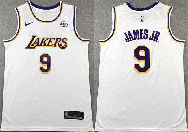 Mens Los Angeles Lakers #9 Bronny James Jr. White 2024 Draft Icon Edition Stitched Basketball Jersey